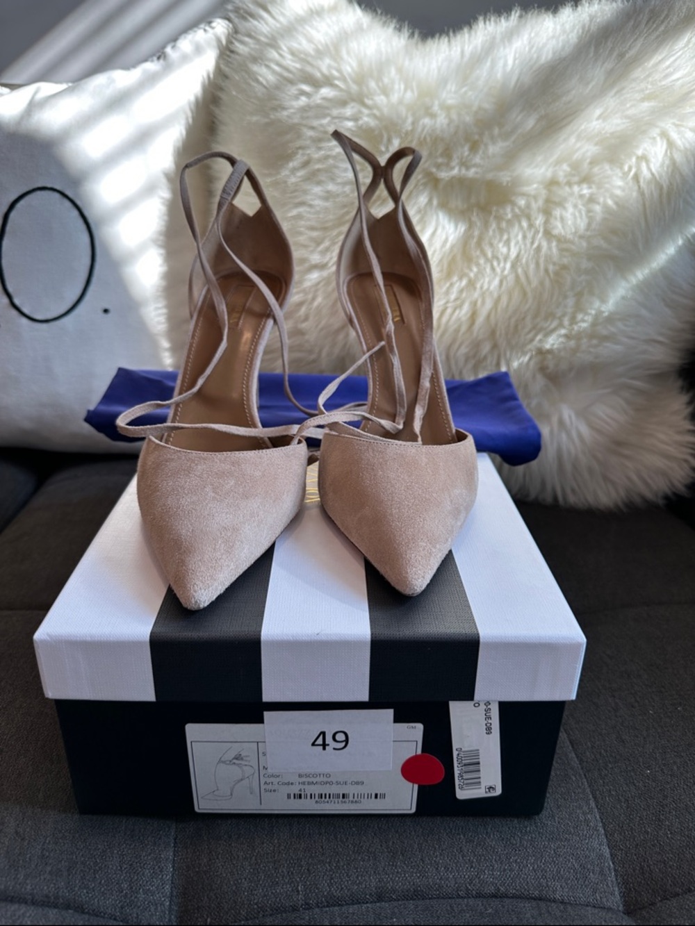 Aquazzura Suede Pointed-Toe Lace-Up Heels in Biscotto